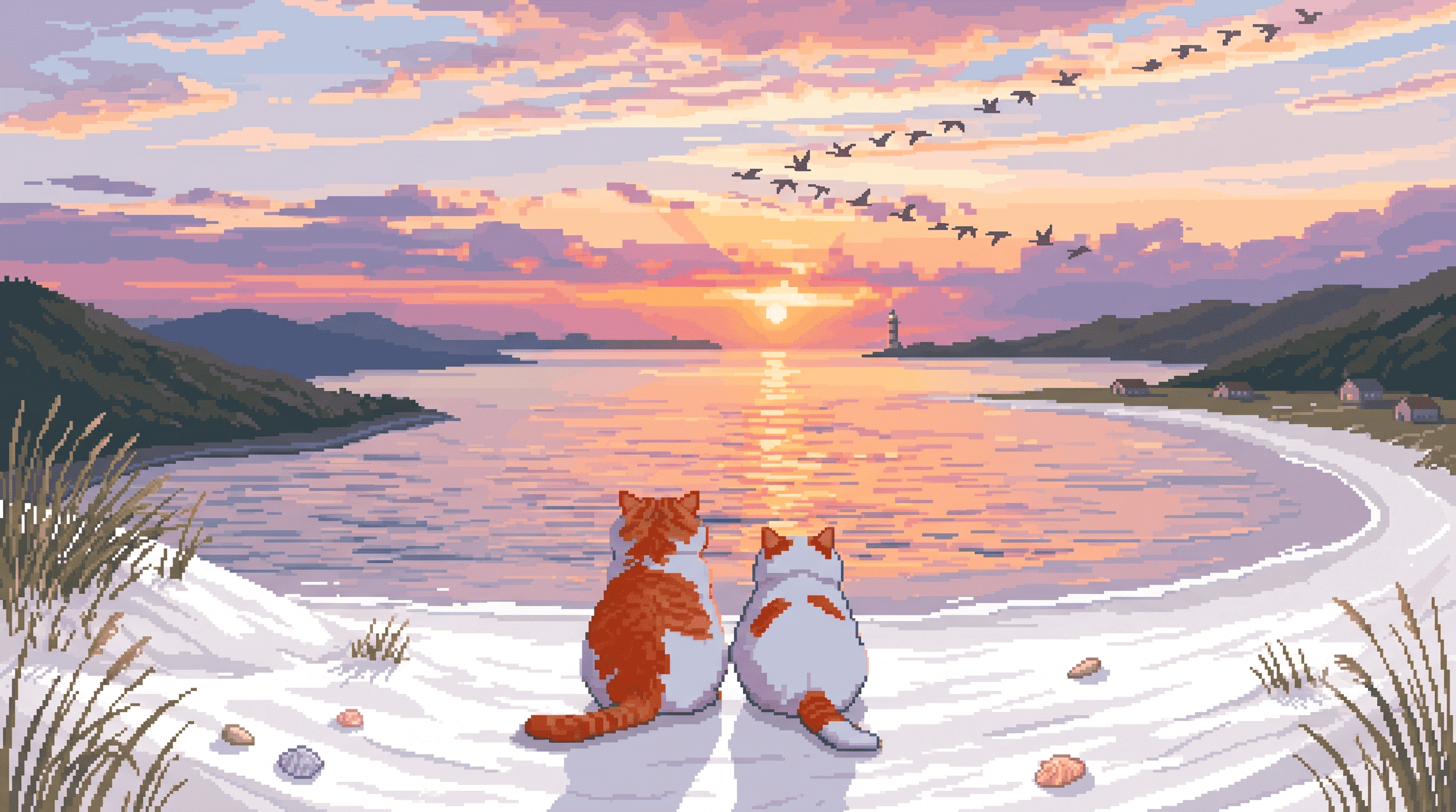 Two Pixel Cats Watching Sunset Over Ocean
